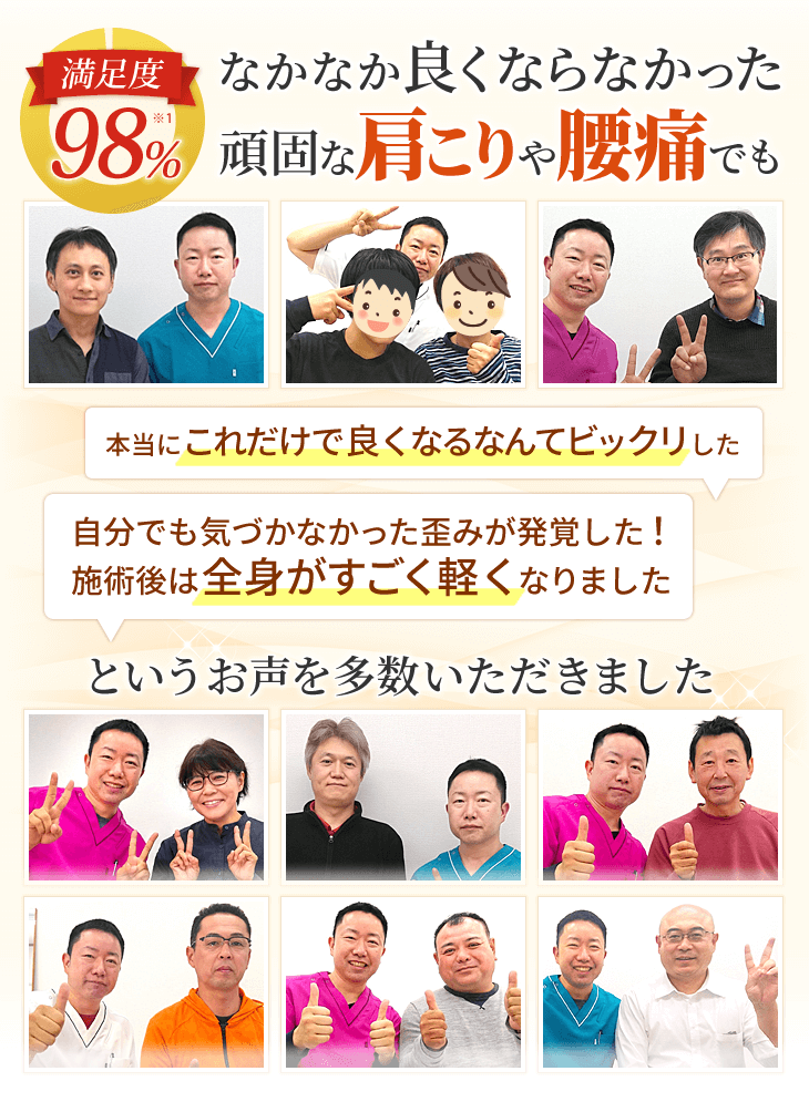 なかなか良くならない肩こりや腰痛も満足度98%